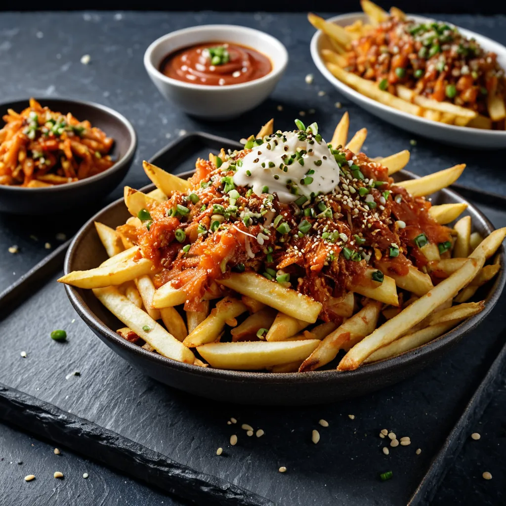 Fries loaded with kimchi and spicy mayo