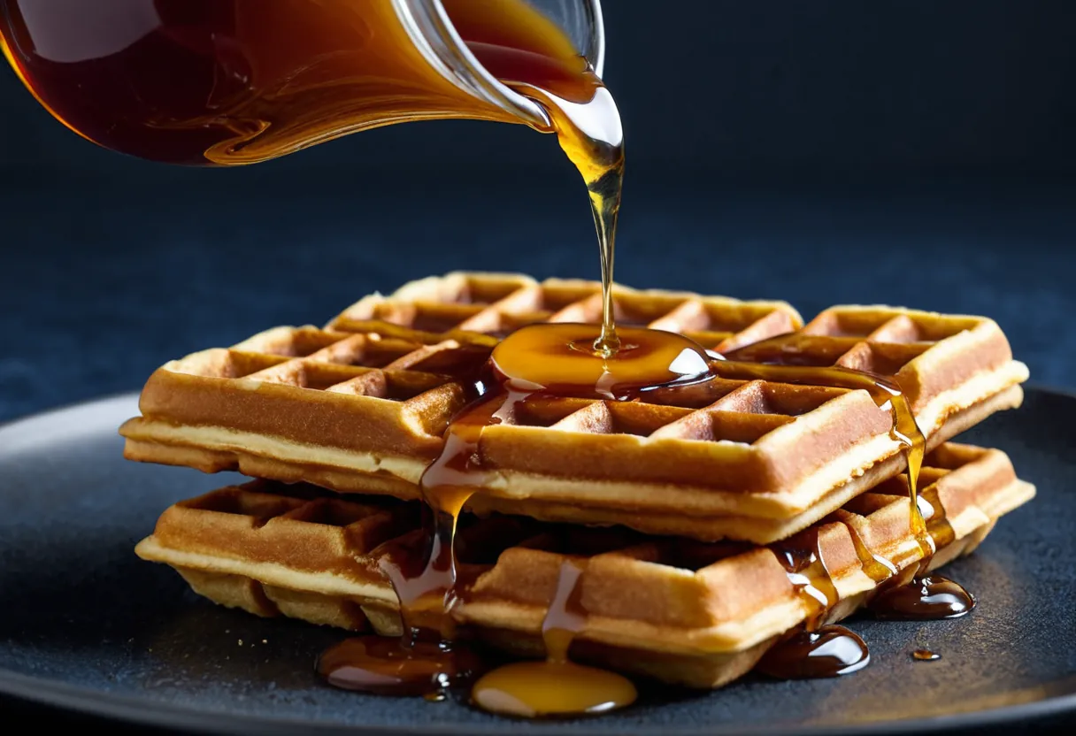 Maple syrup pouring over a golden waffle